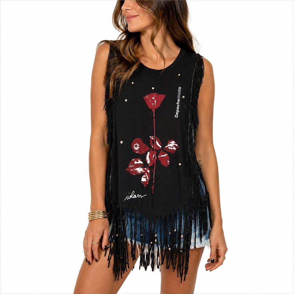 Depeche Mode Violator Upcycled Black Fringe Studded Tank Top Sz 3XL
